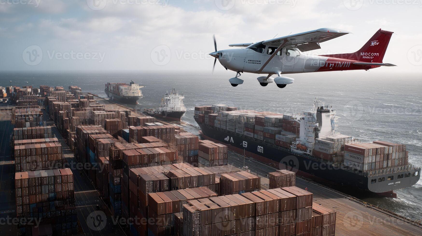 A small plane flying over a large container ship photo