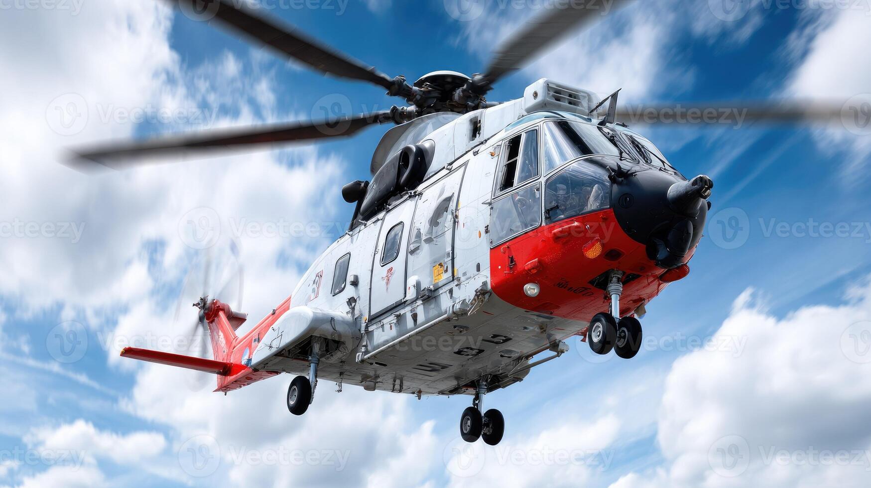 A large helicopter flying through the air photo