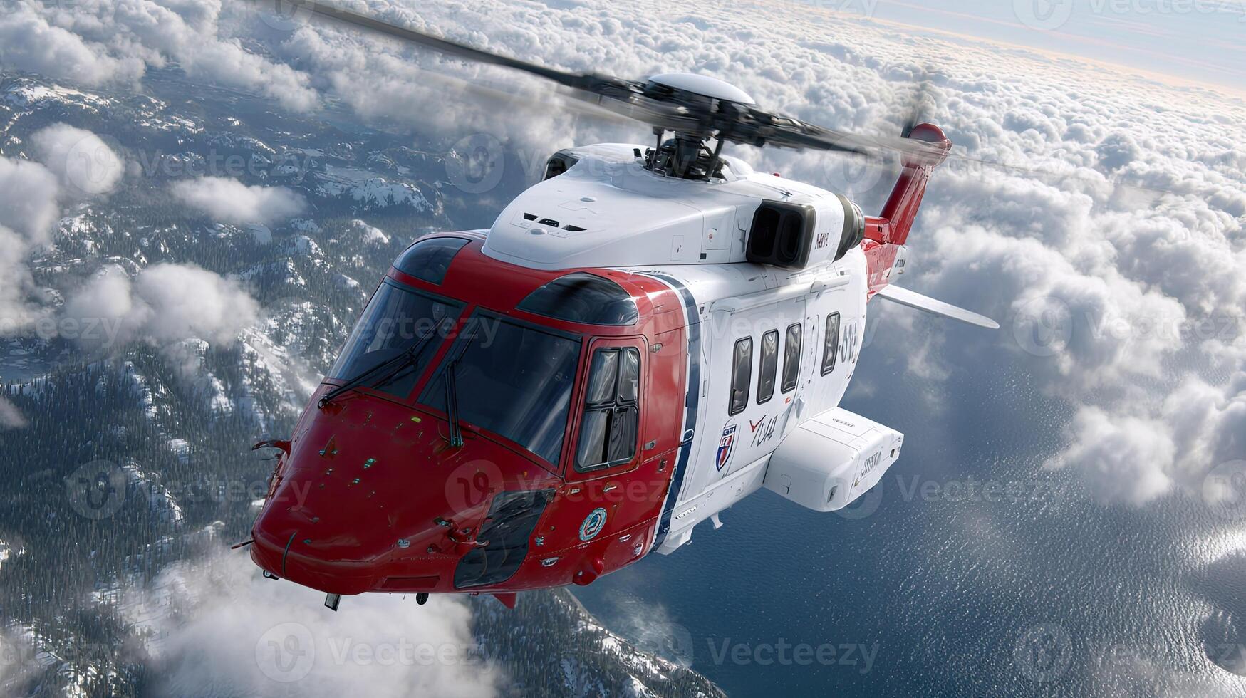 A red and white helicopter flying over a mountain photo