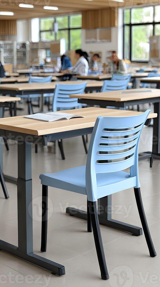 A classroom with desks and chairs in it photo