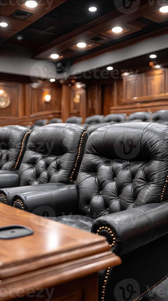 A courtroom with leather chairs and wooden tables photo