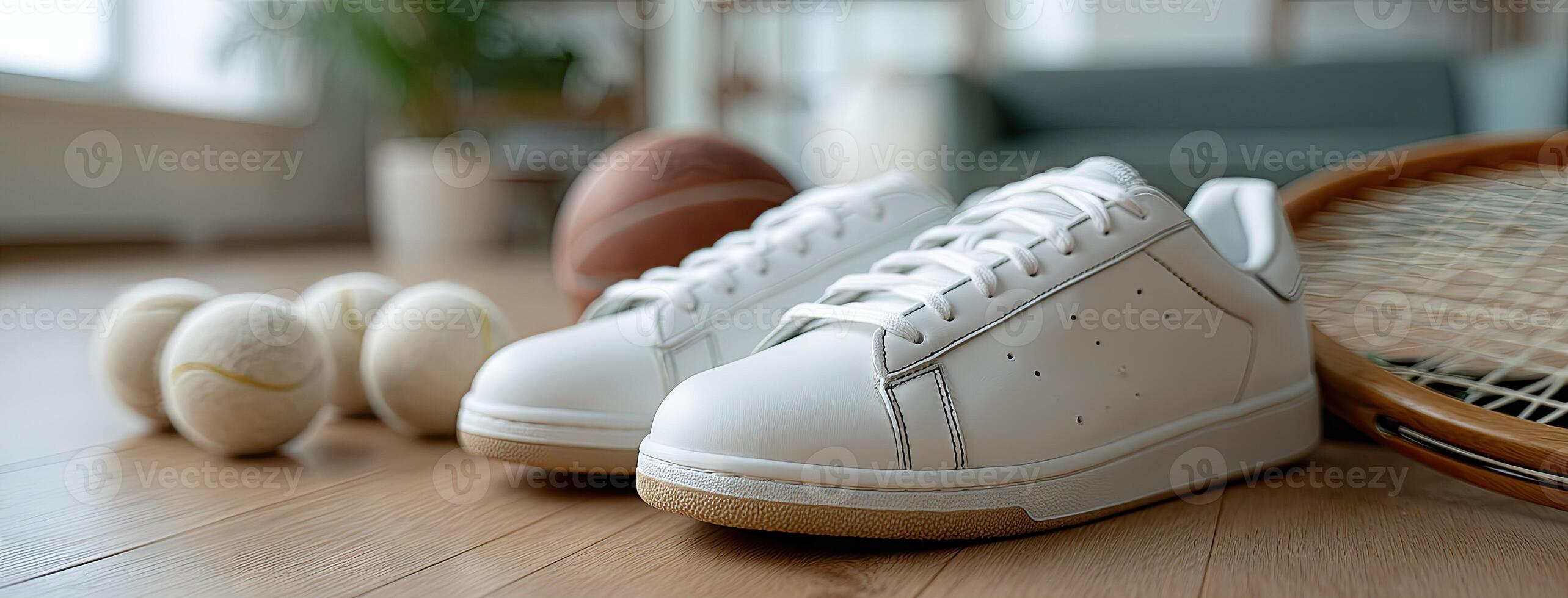 A pair of white tennis shoes and a tennis racket photo