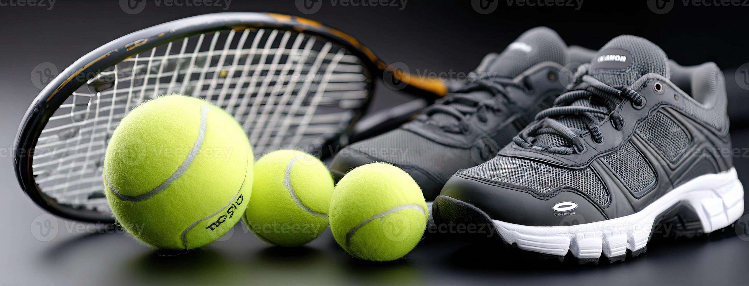 A tennis racket, tennis shoes and balls on a black surface photo