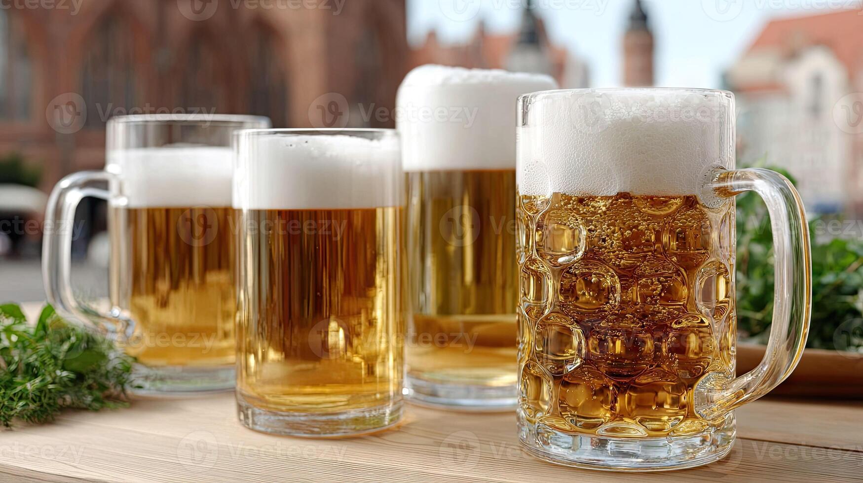 Three large beer mugs with beer on a table photo