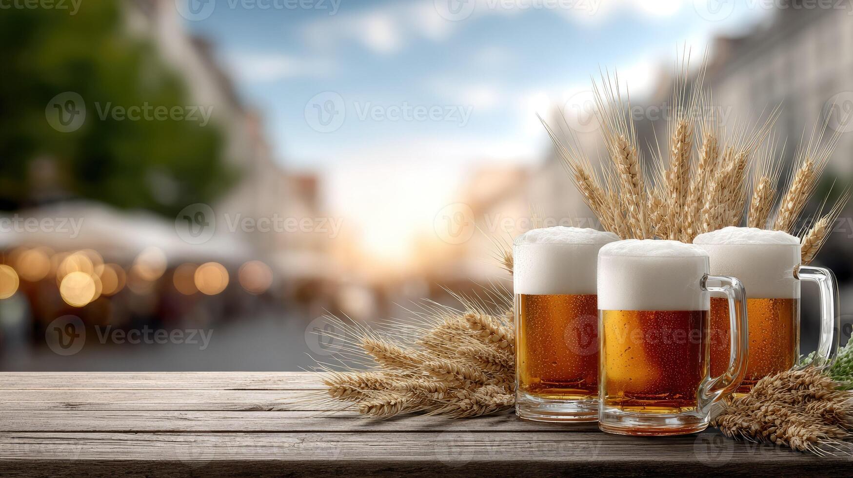 Beer and wheat on a wooden table photo