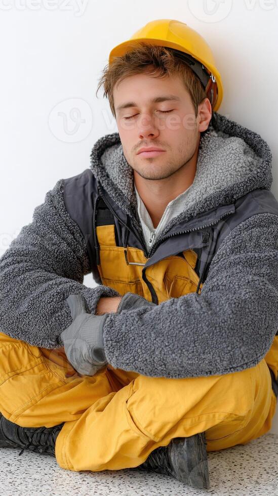 A man in yellow overalls and hard hat sitting on the floor photo