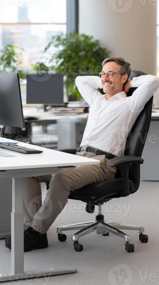 A man sitting in an office chair with his arms up photo