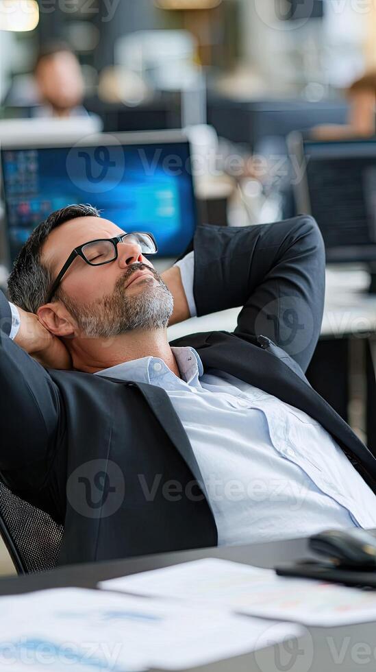 A man in a suit and glasses is sleeping in an office photo