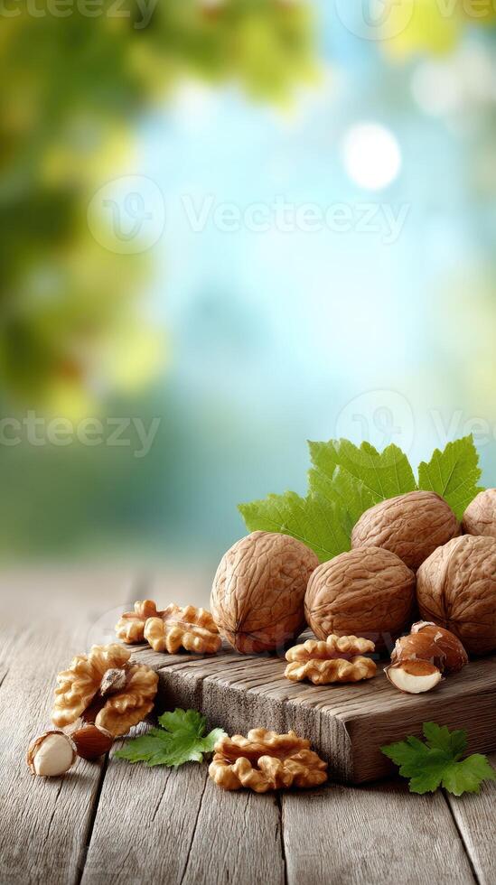 Walnuts and nuts on wooden table with green leaves photo