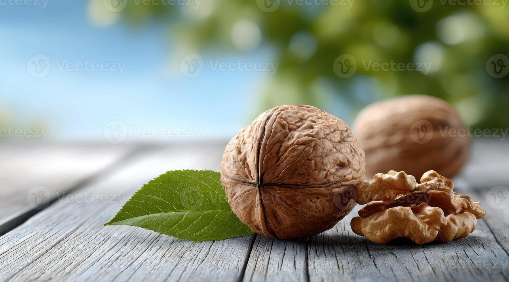 Walnuts and walnut shells on wooden table photo