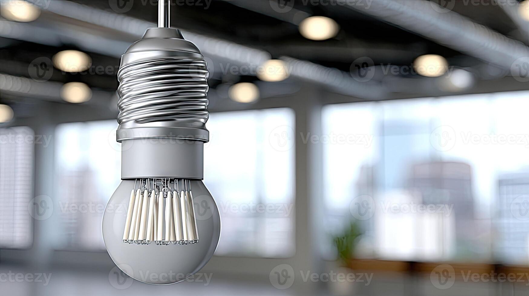 A light bulb is hanging from the ceiling in an office photo