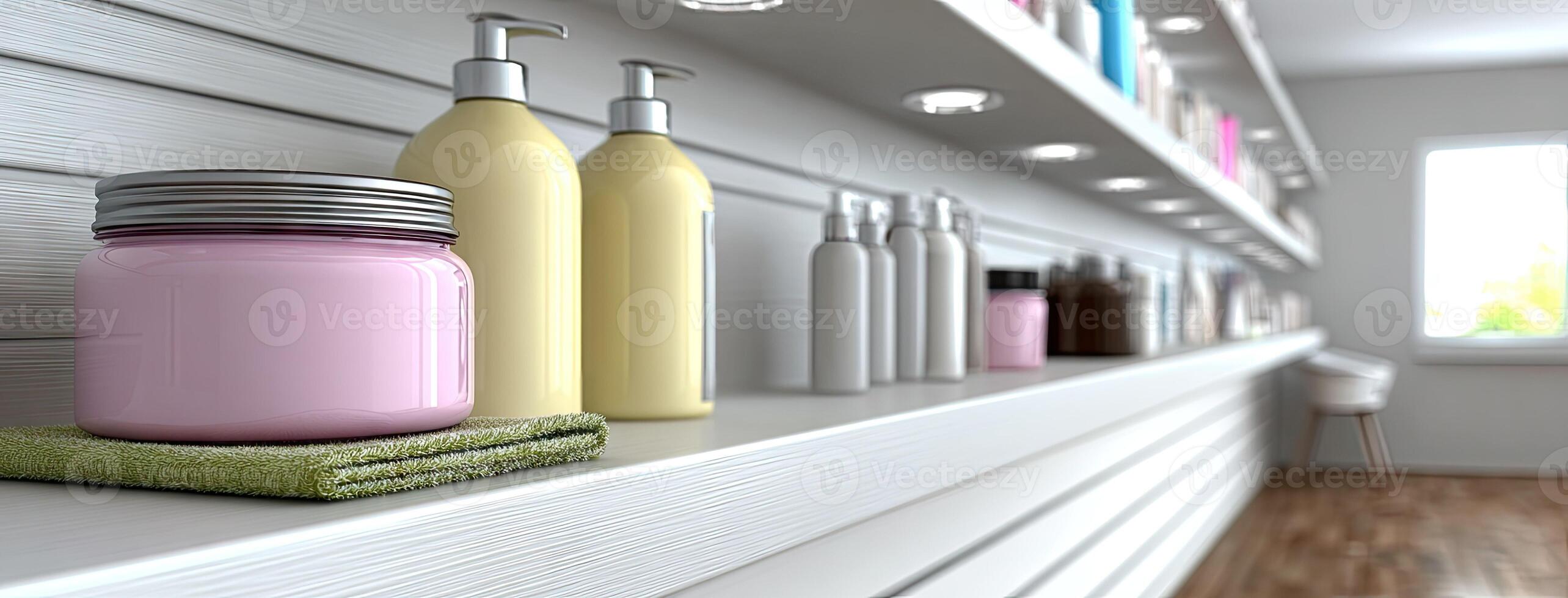 A shelf with many bottles and jars on it photo
