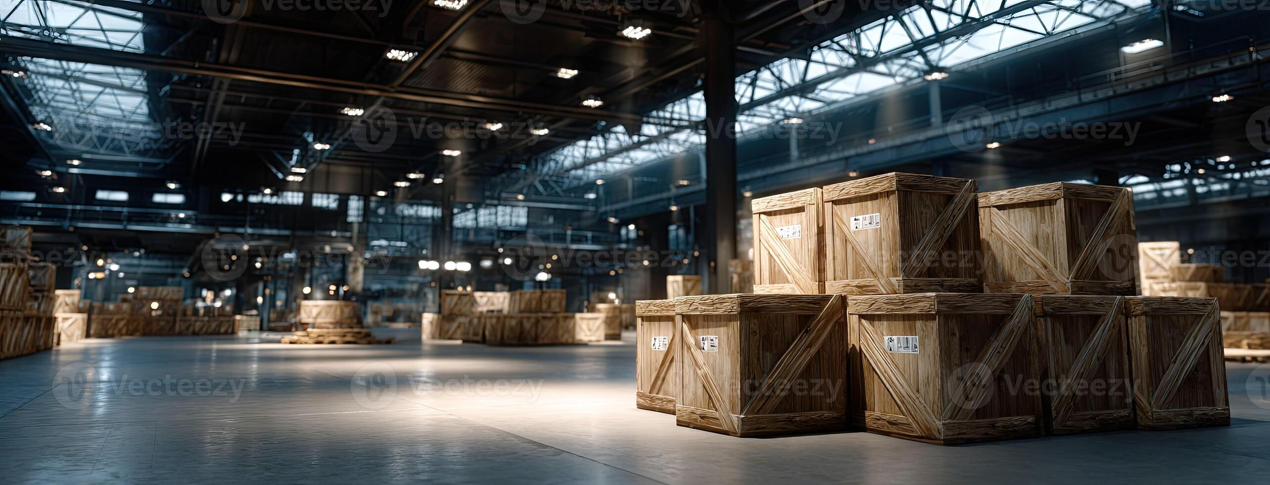 A large warehouse with boxes and crates photo