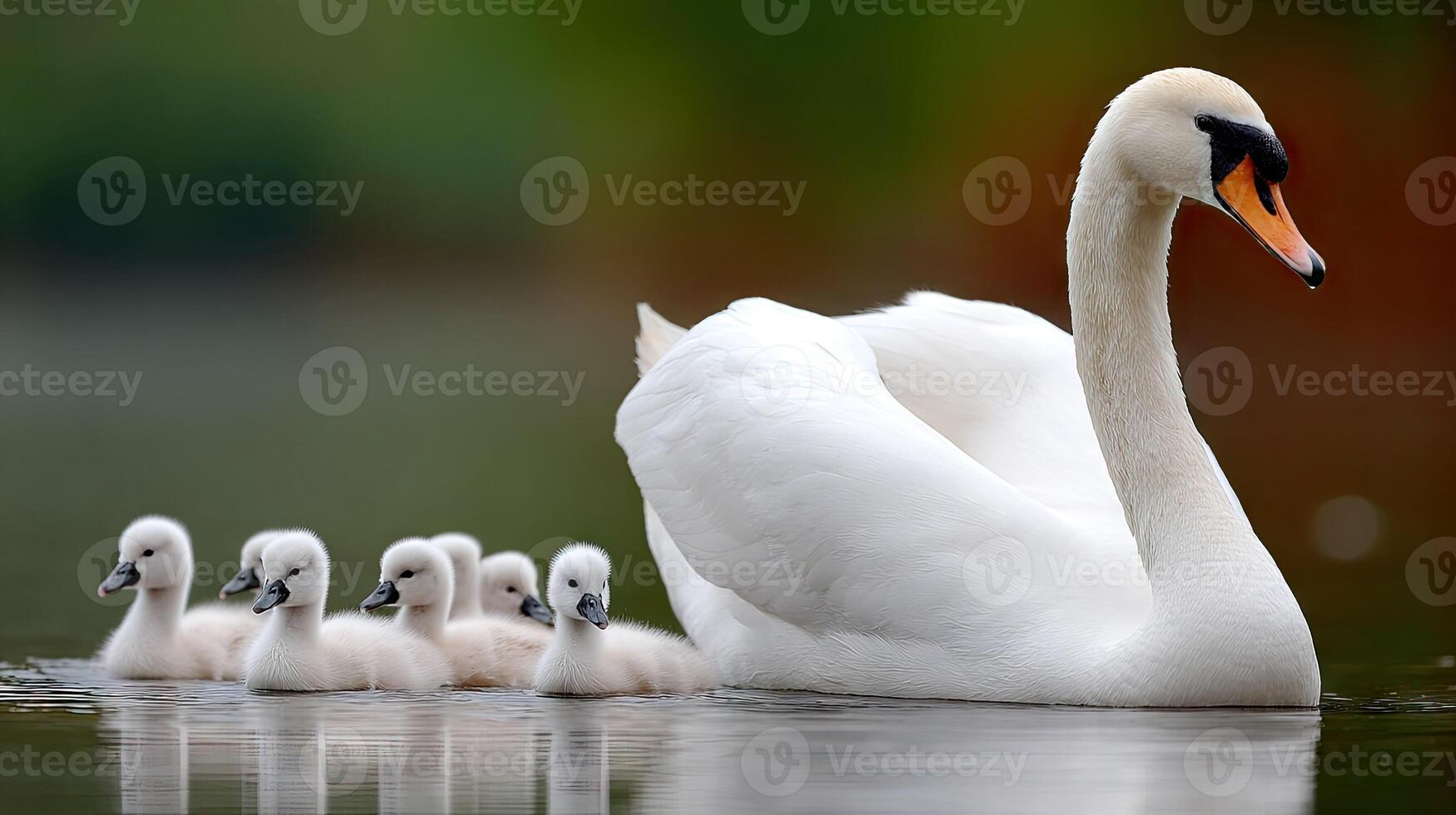 Swan mother and her babies swimming in the water photo