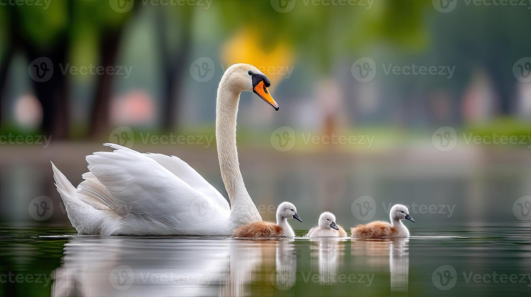 Swan family with baby swans photo