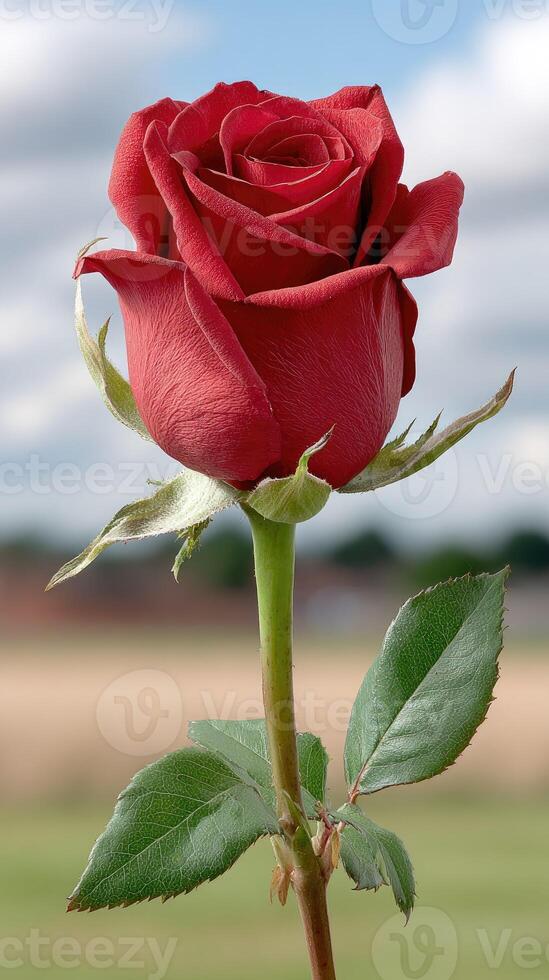 A single red rose is in front of a field photo