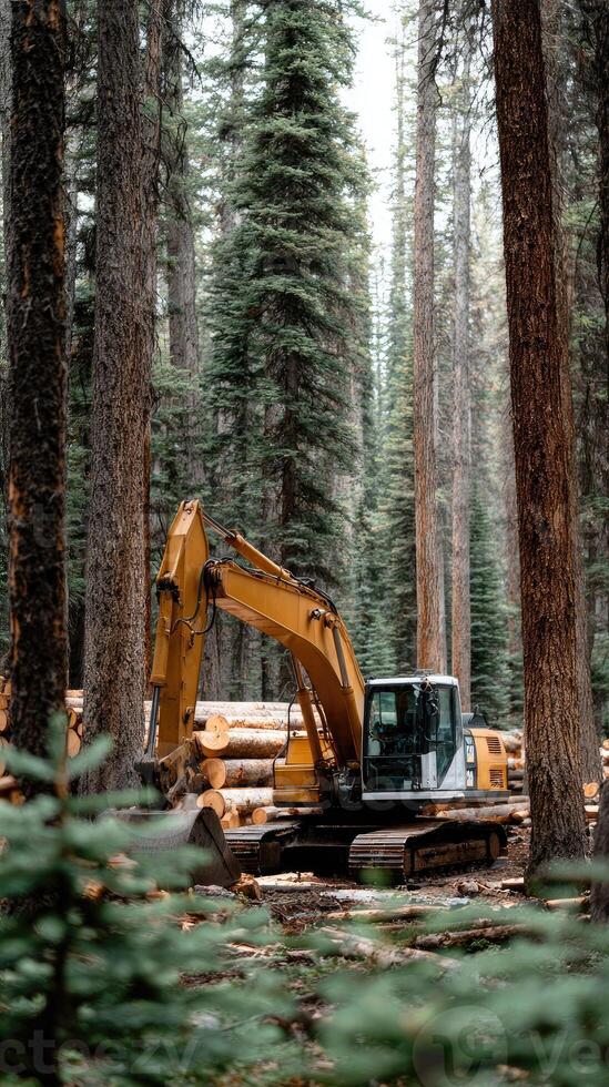 A yellow excavator is in the middle of a forest photo