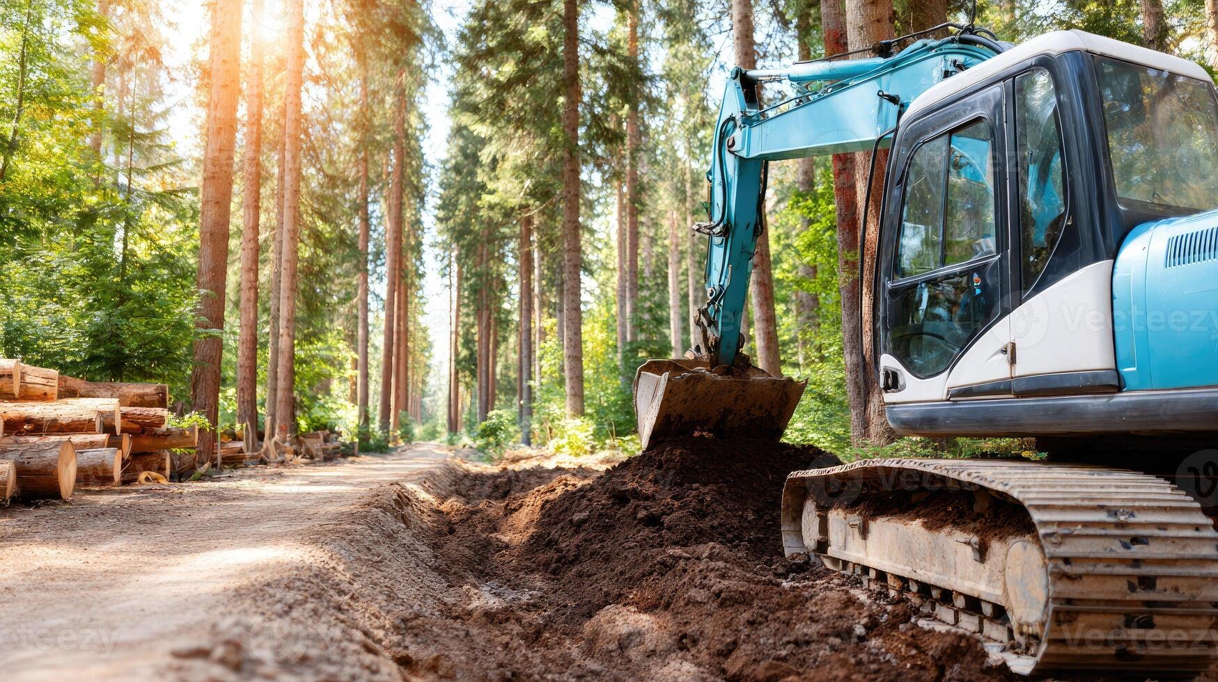 A blue excavator is digging a path through the forest photo