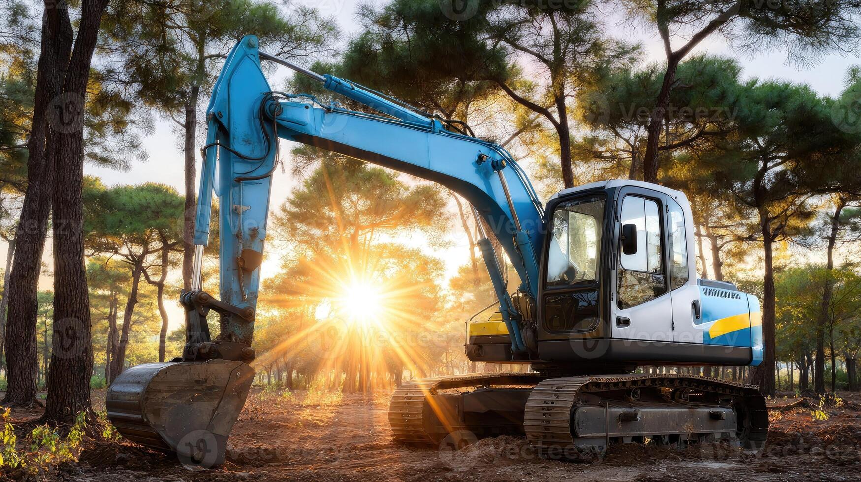 A blue excavator is sitting in the middle of a forest photo