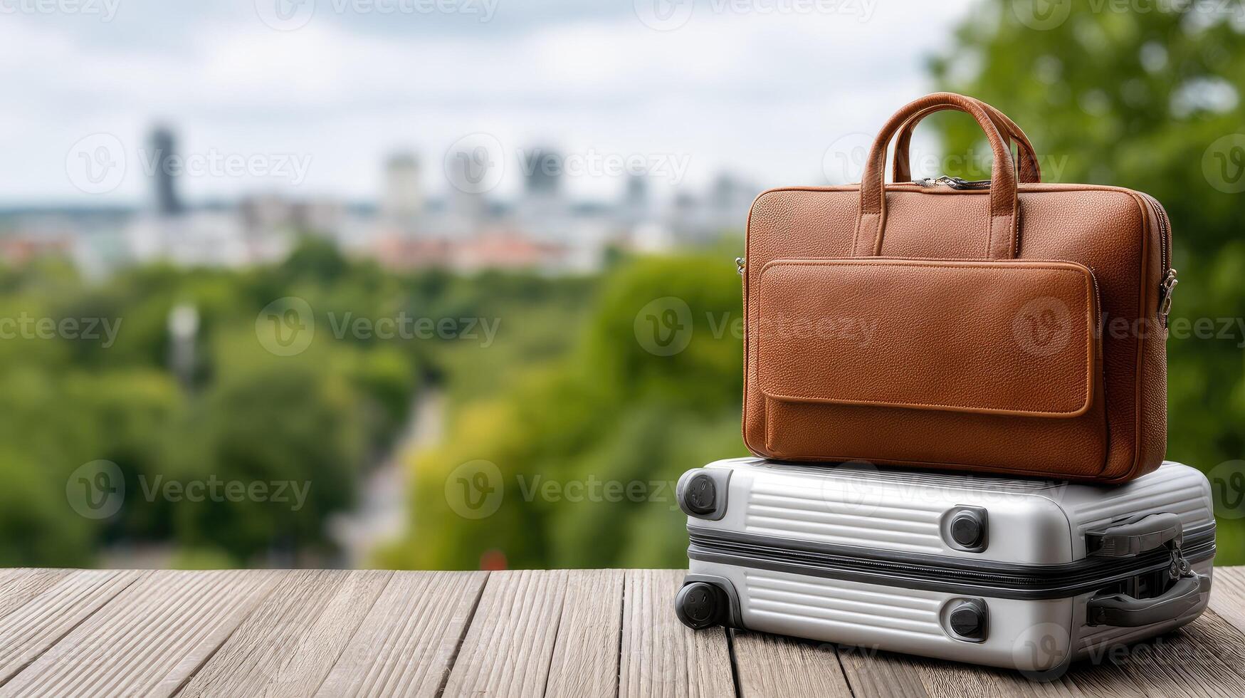 A brown briefcase and a suitcase sitting on top of a wooden table photo