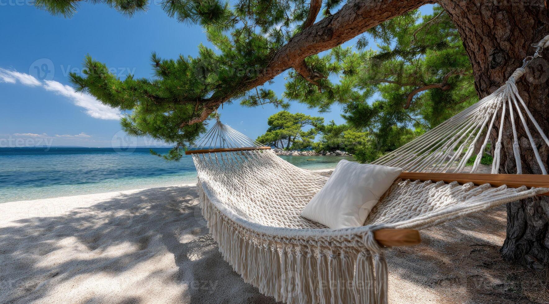 Hammock bliss on the beach with stunning sea views and vibrant natural light inviting ultimate relaxation photo