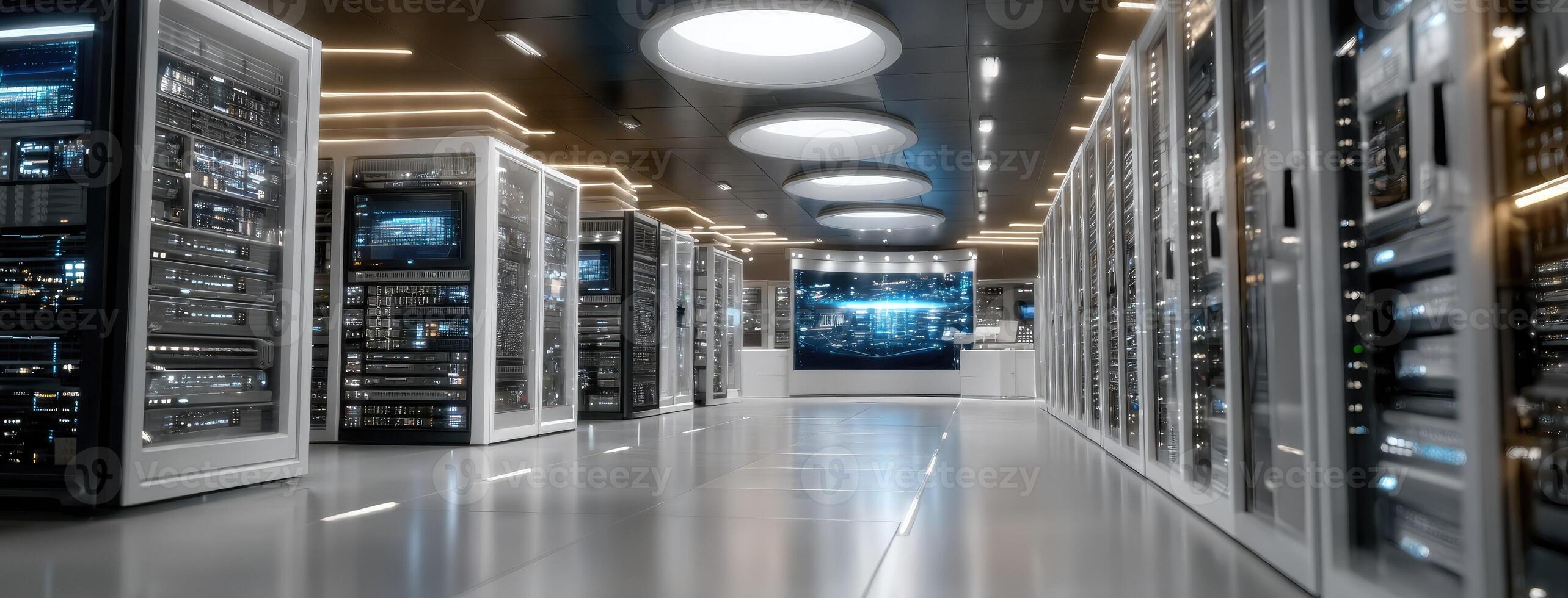 A long hallway with servers in a data center photo