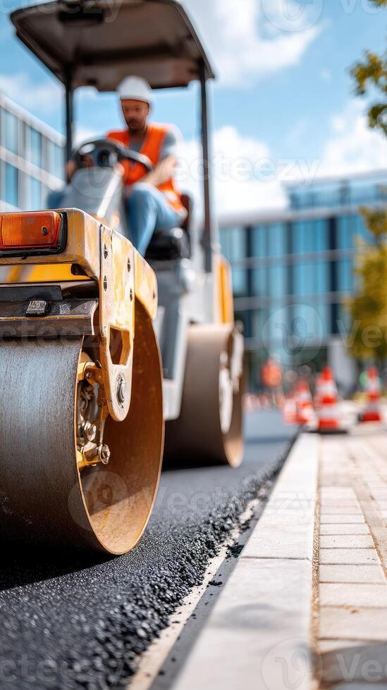 A construction worker is working on a road photo