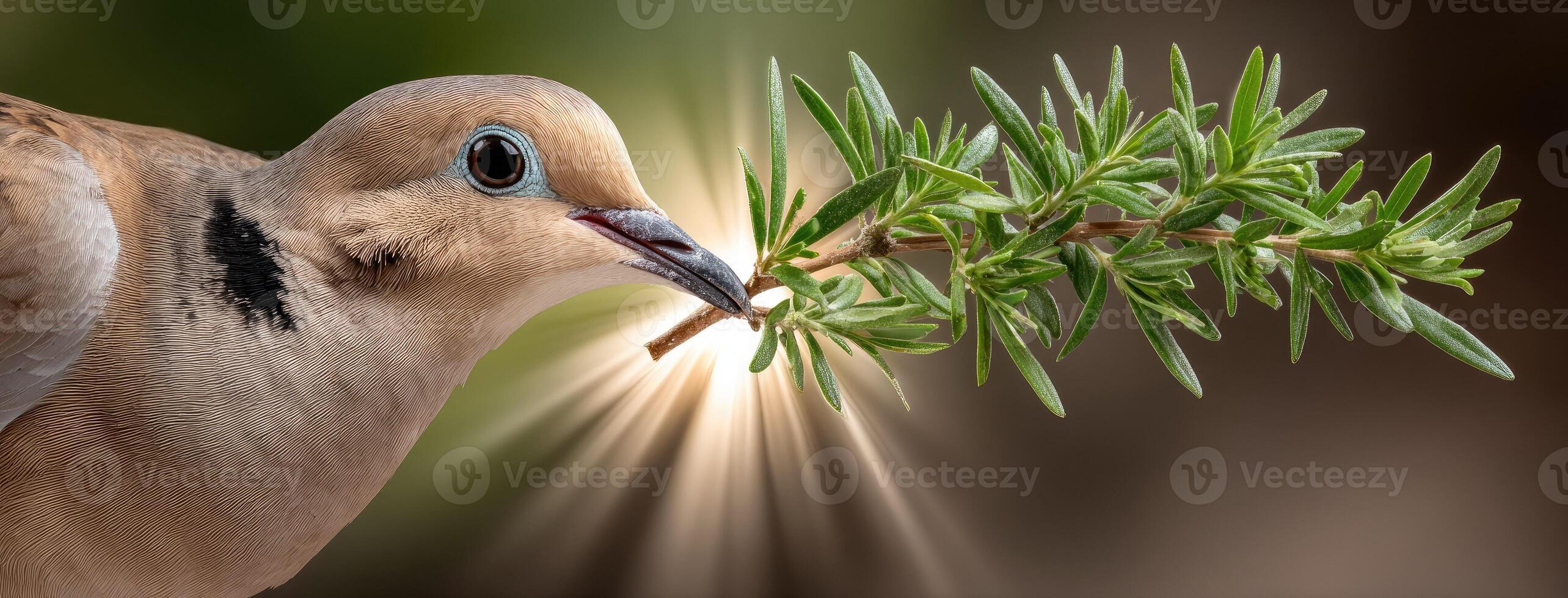 A dove with its beak open and a branch in its mouth photo