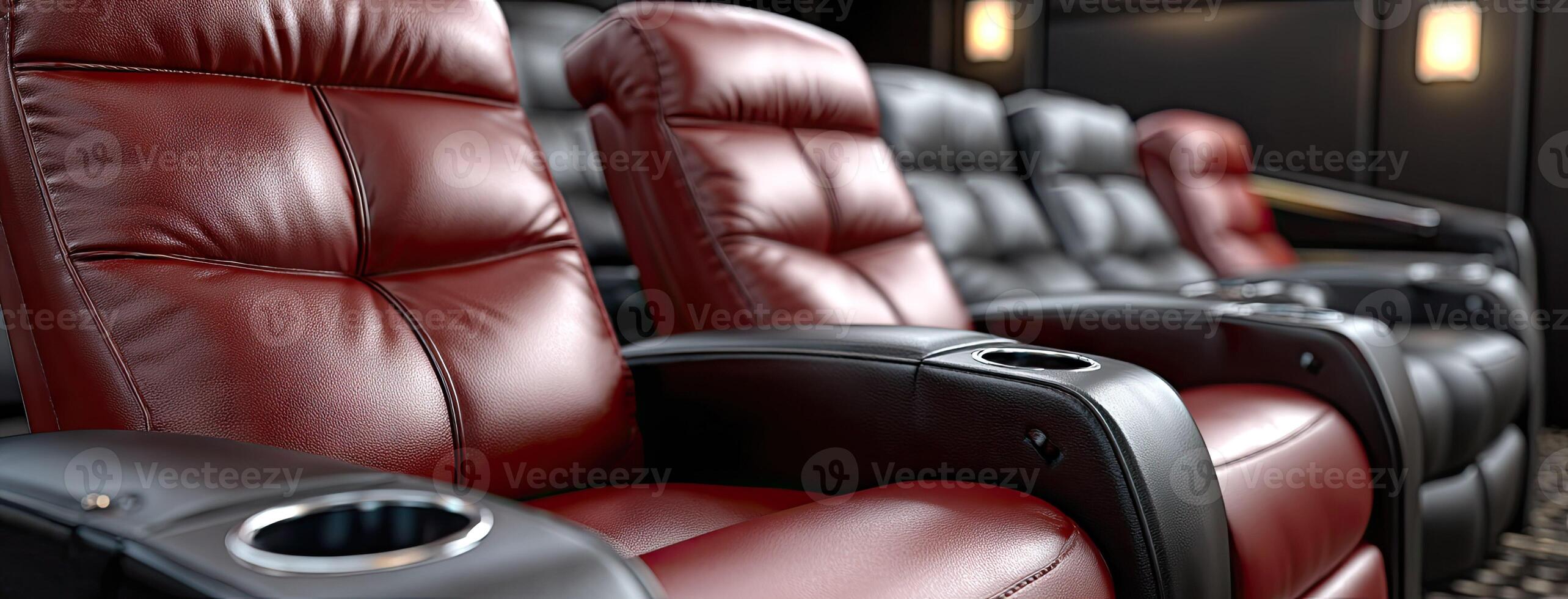 A row of red leather recliners in a movie theater photo