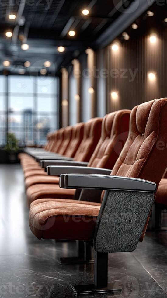 Rows of seats in a theater with a large window photo