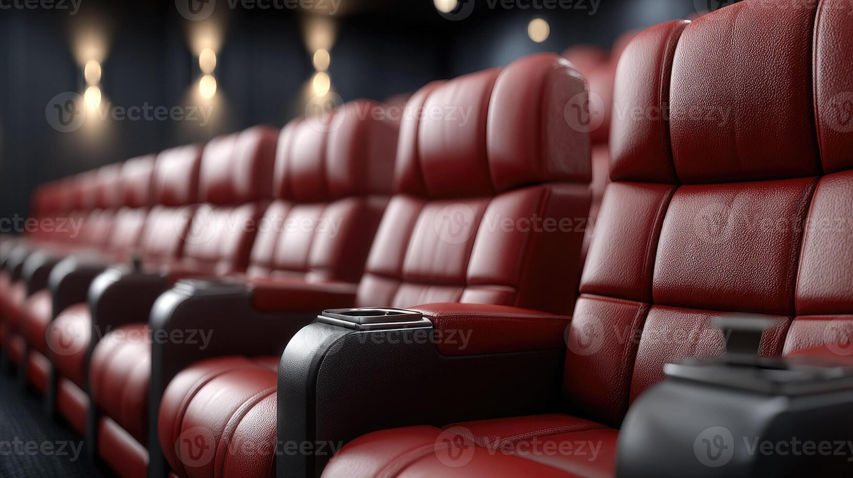 A row of red leather seats in a movie theater photo