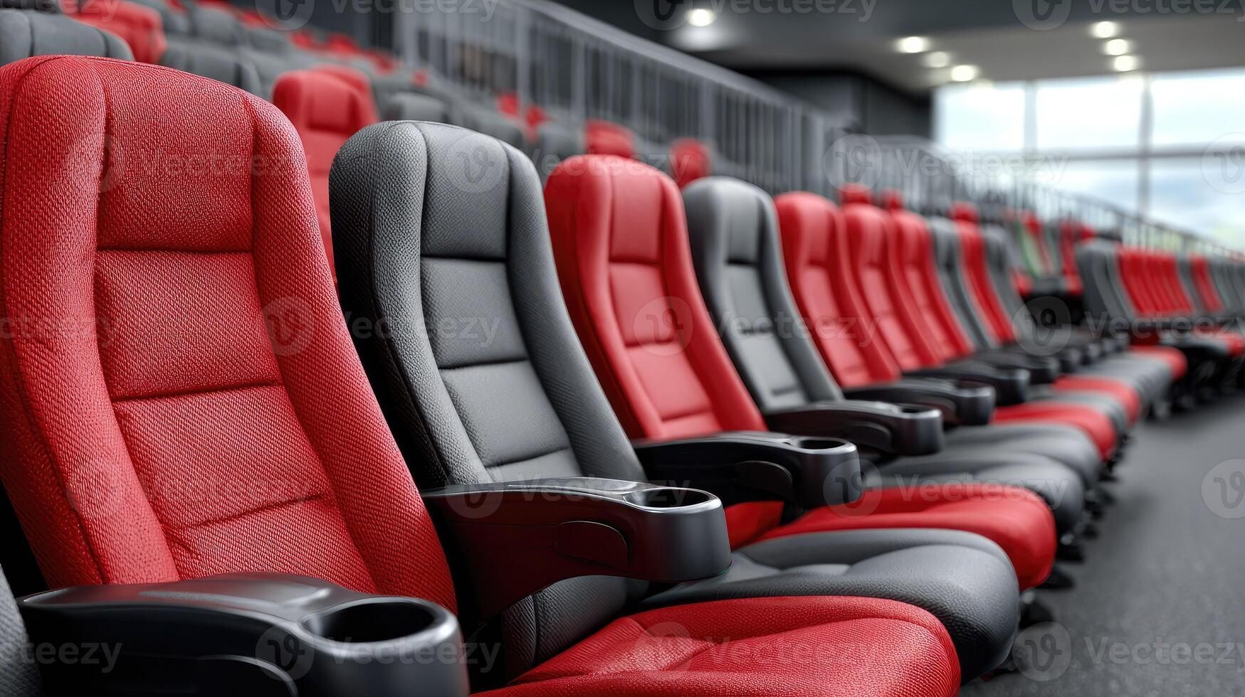 A row of red and black seats in a movie theater photo