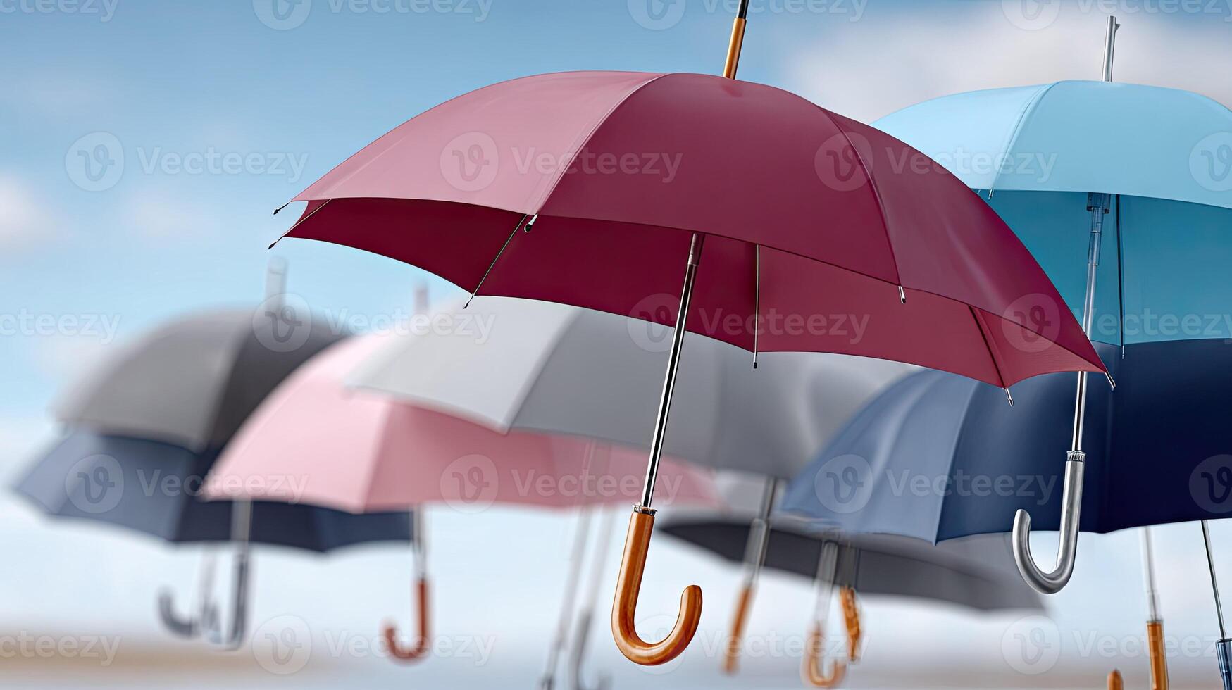 A group of umbrellas are floating in the air photo