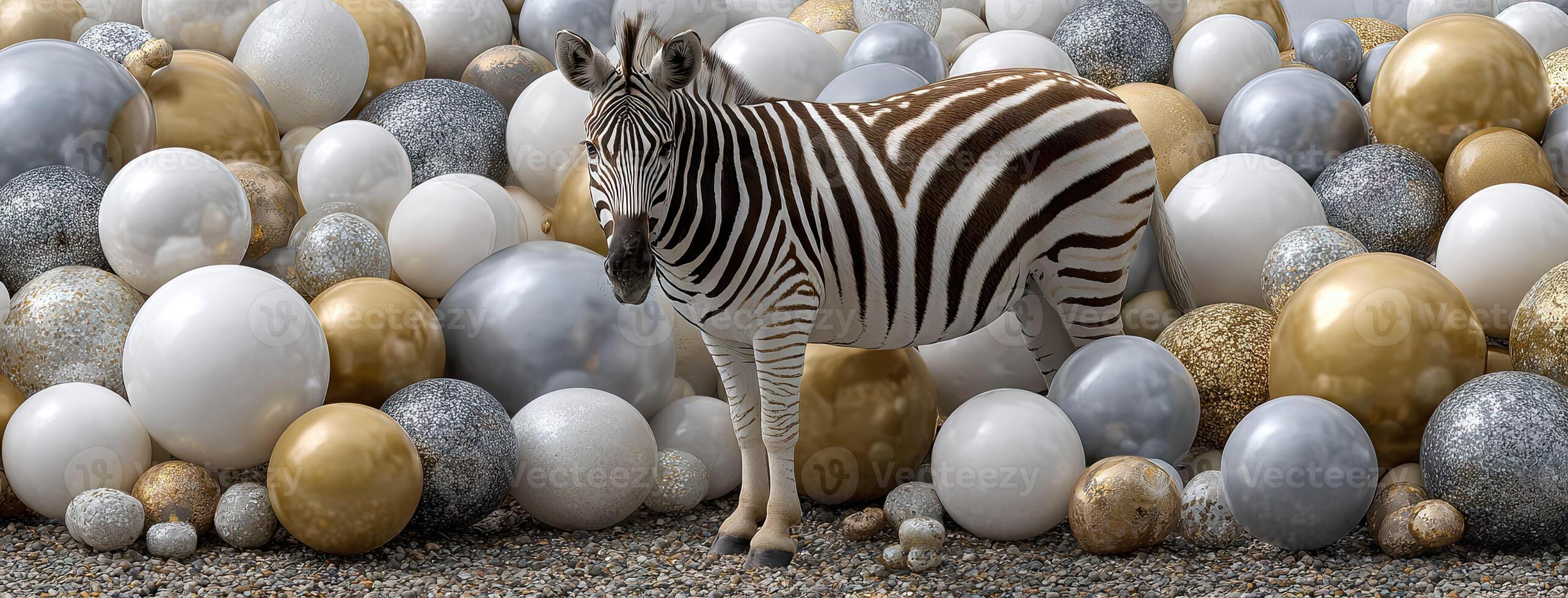 A zebra standing in a field of white and silver balls photo