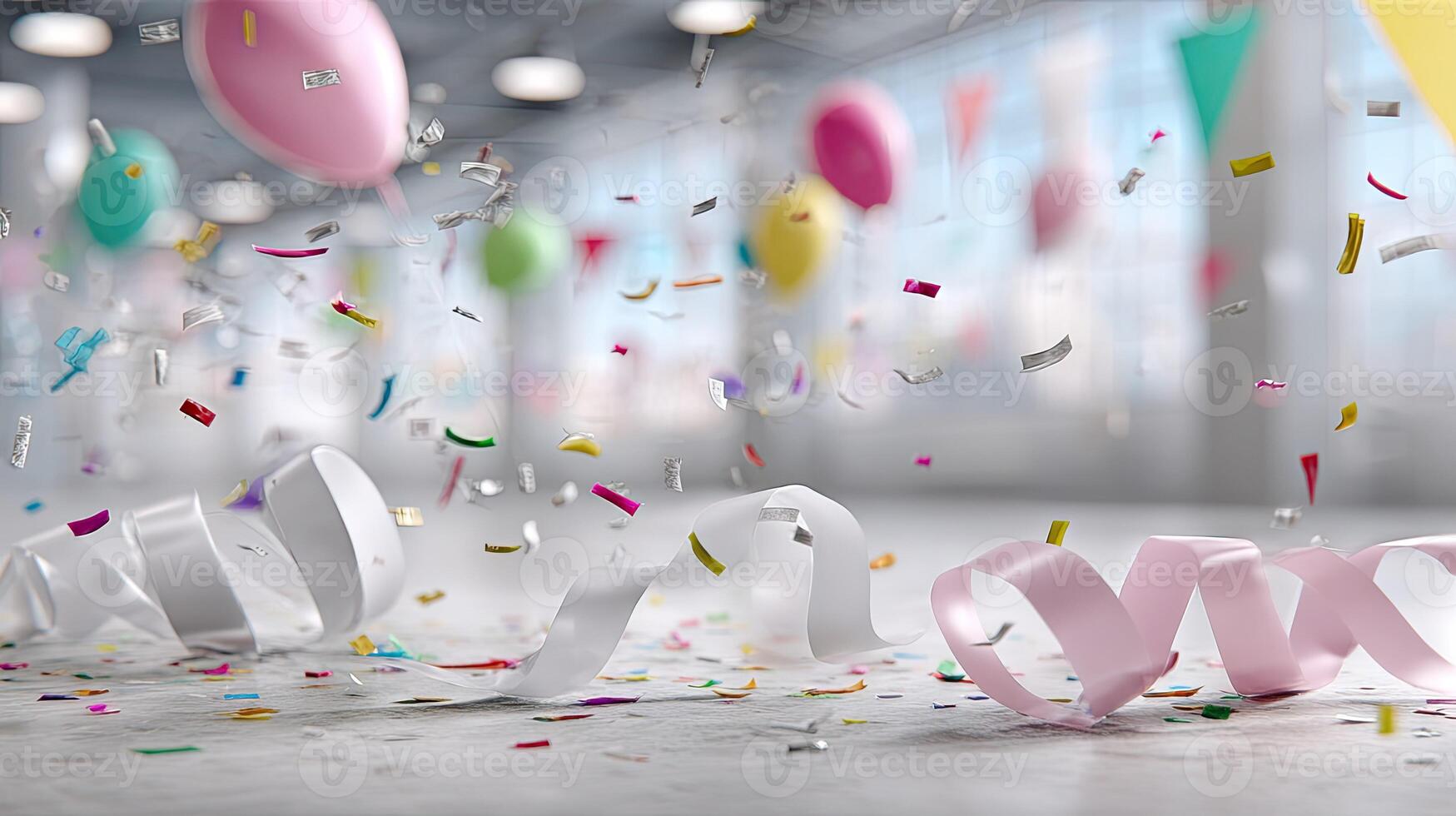 Many balloons and confetti are scattered on the floor photo