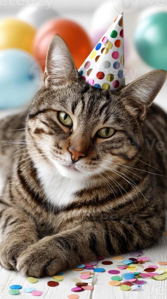 A cat wearing a party hat and surrounded by confetti photo