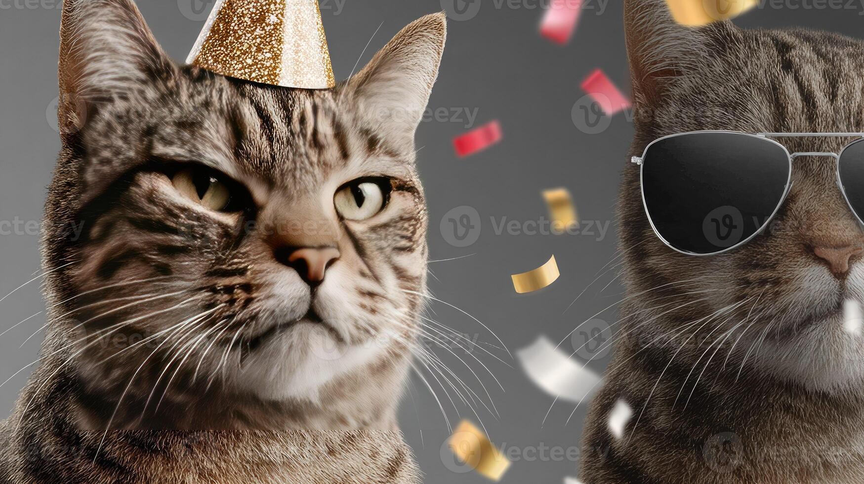 Two cats wearing sunglasses and party hats photo