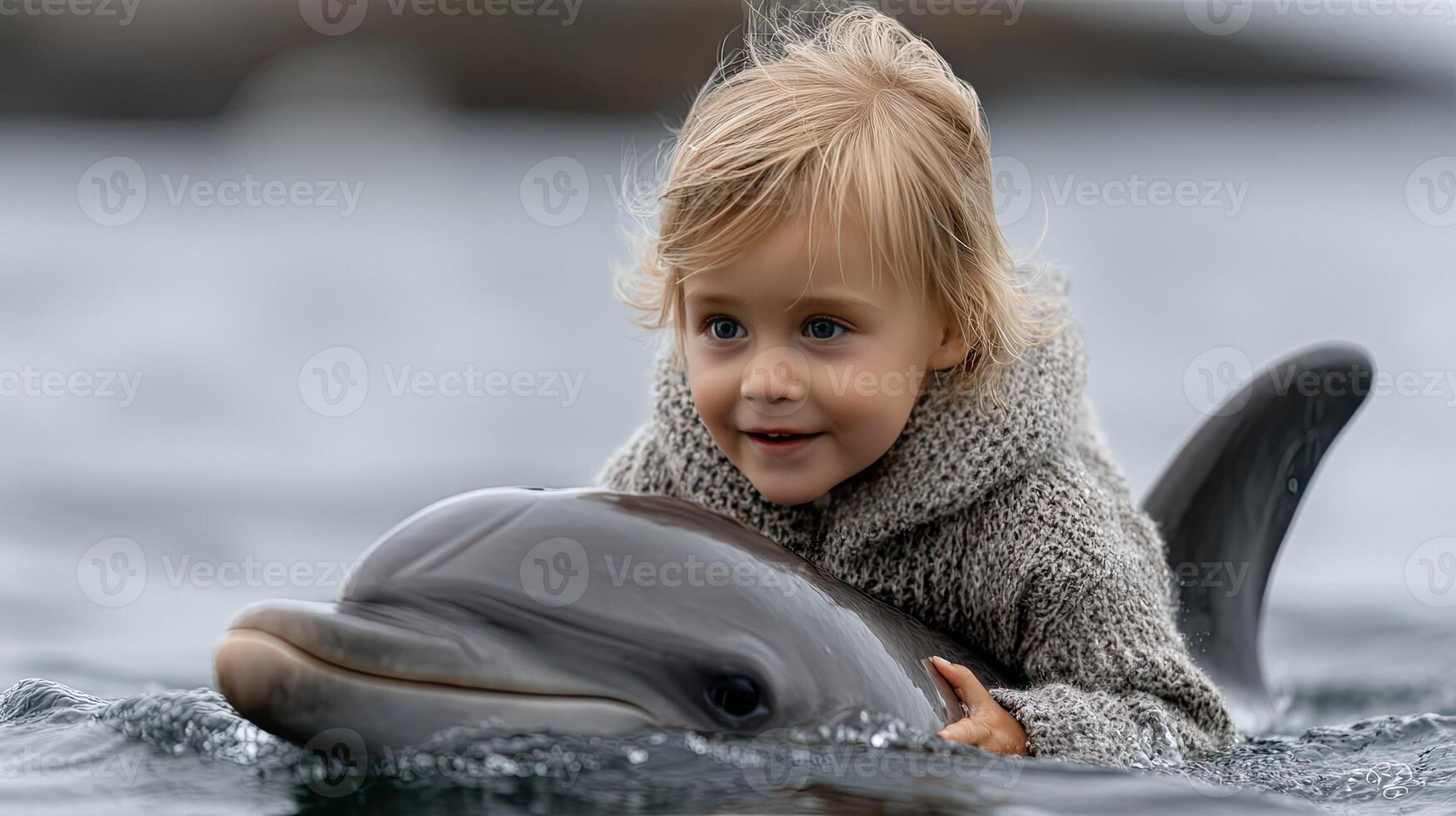 A young child is holding onto a dolphin photo