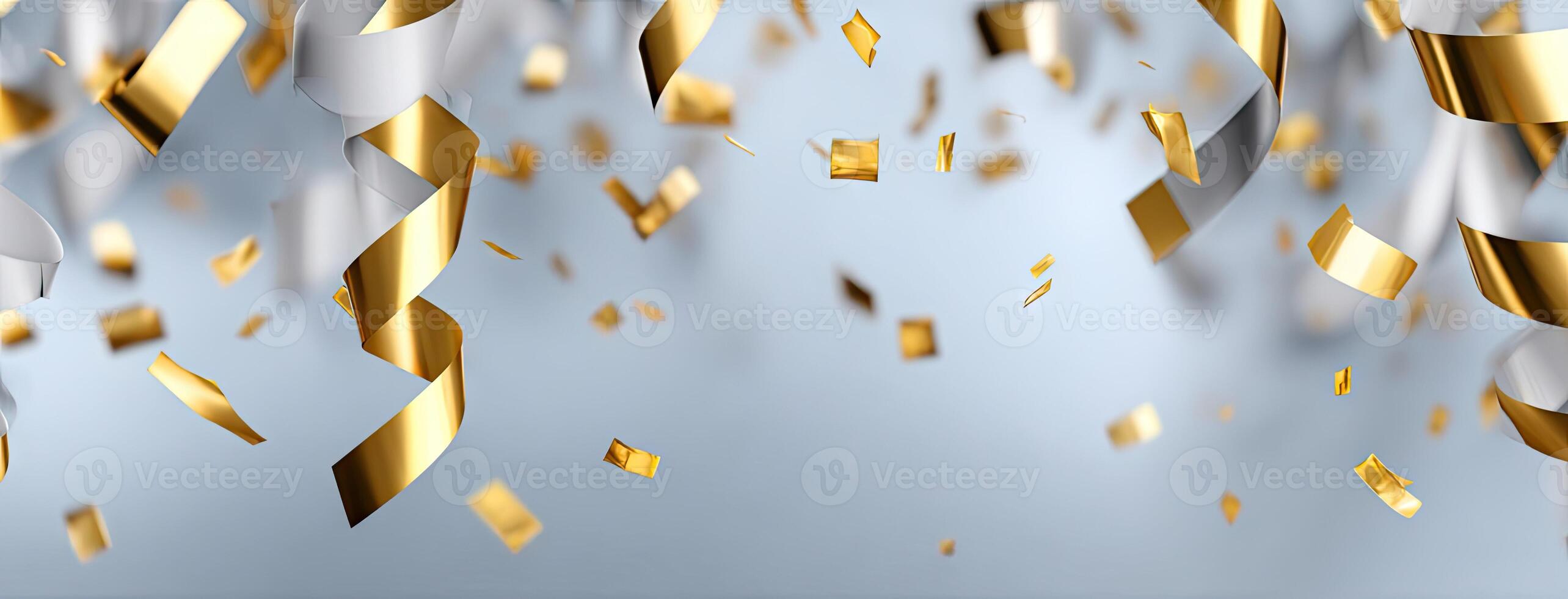 Golden confetti streamers on a blue background photo