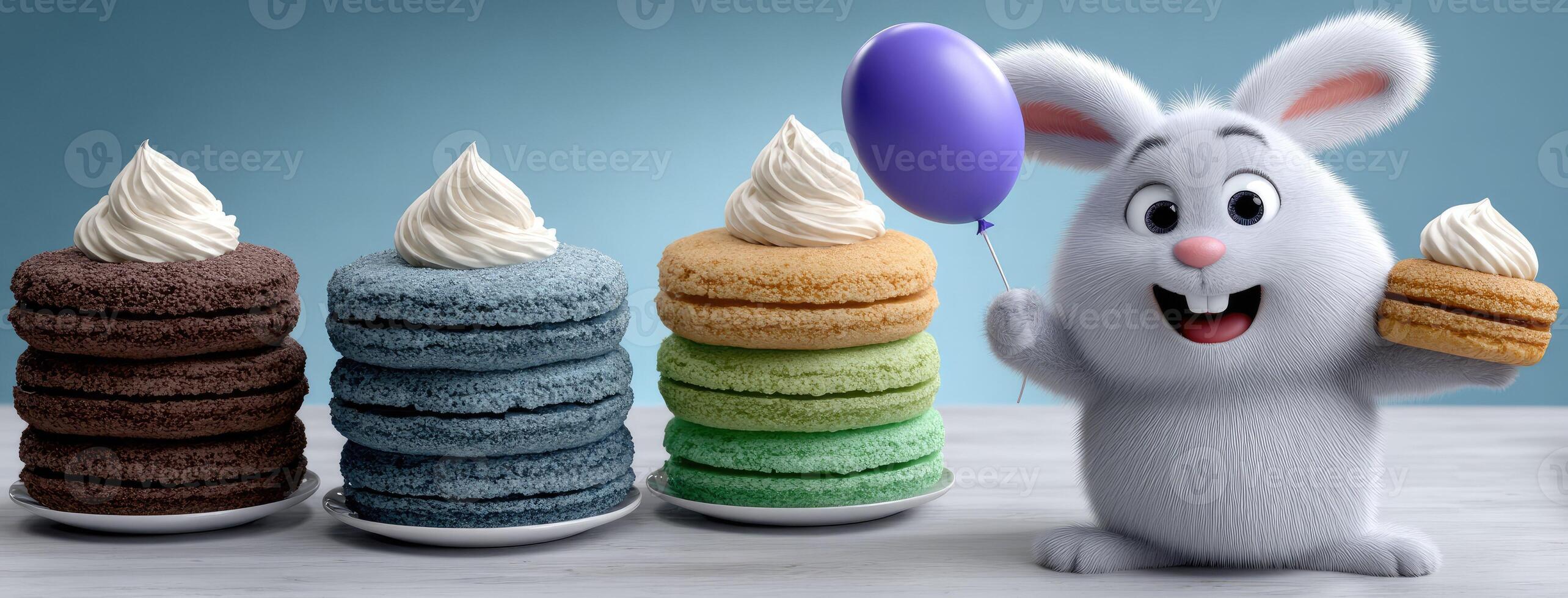 A bunny holding a balloon and standing next to a stack of colorful macarons photo
