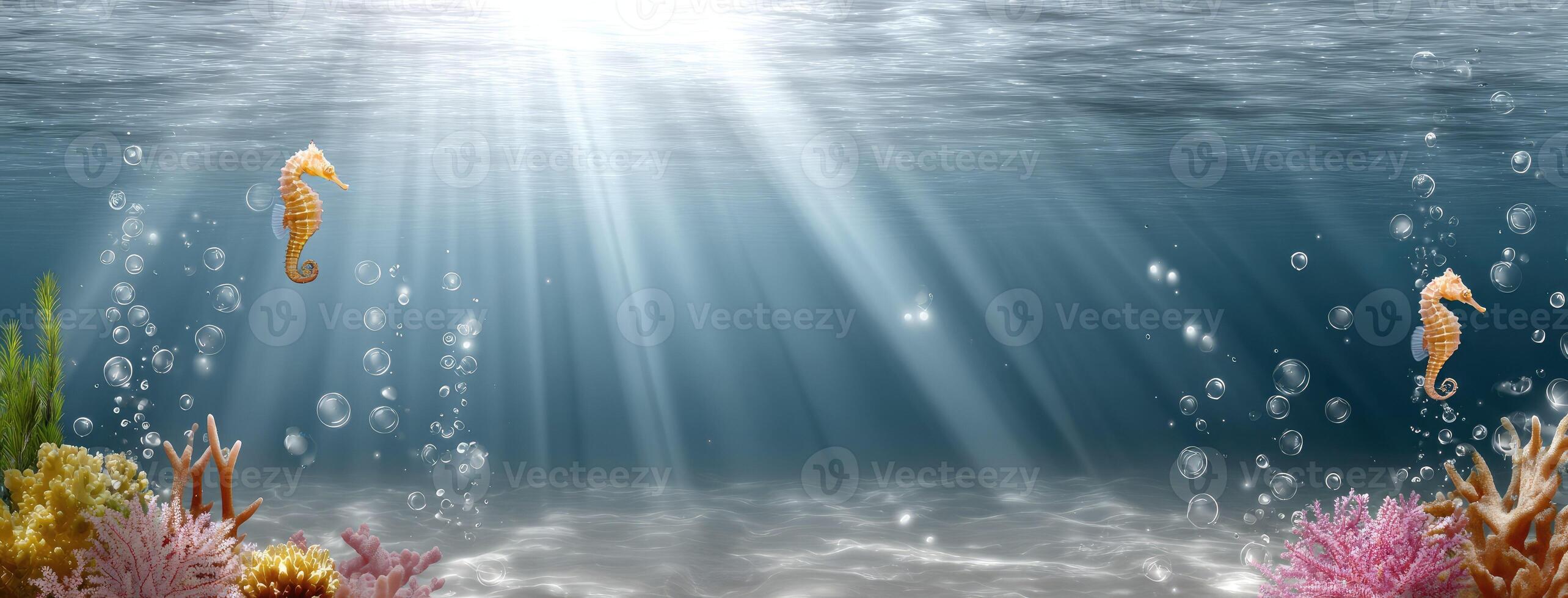 Underwater scene with seahorses and coral reefs photo