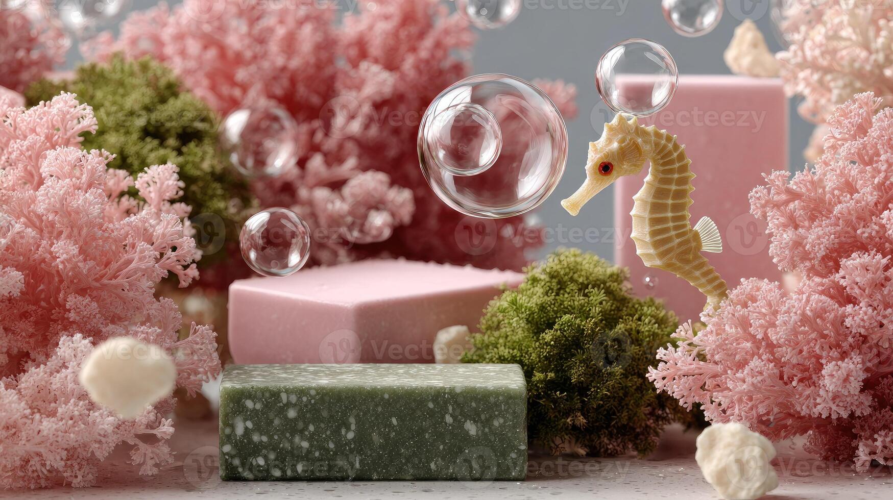 A pink soap bar surrounded by sea creatures photo