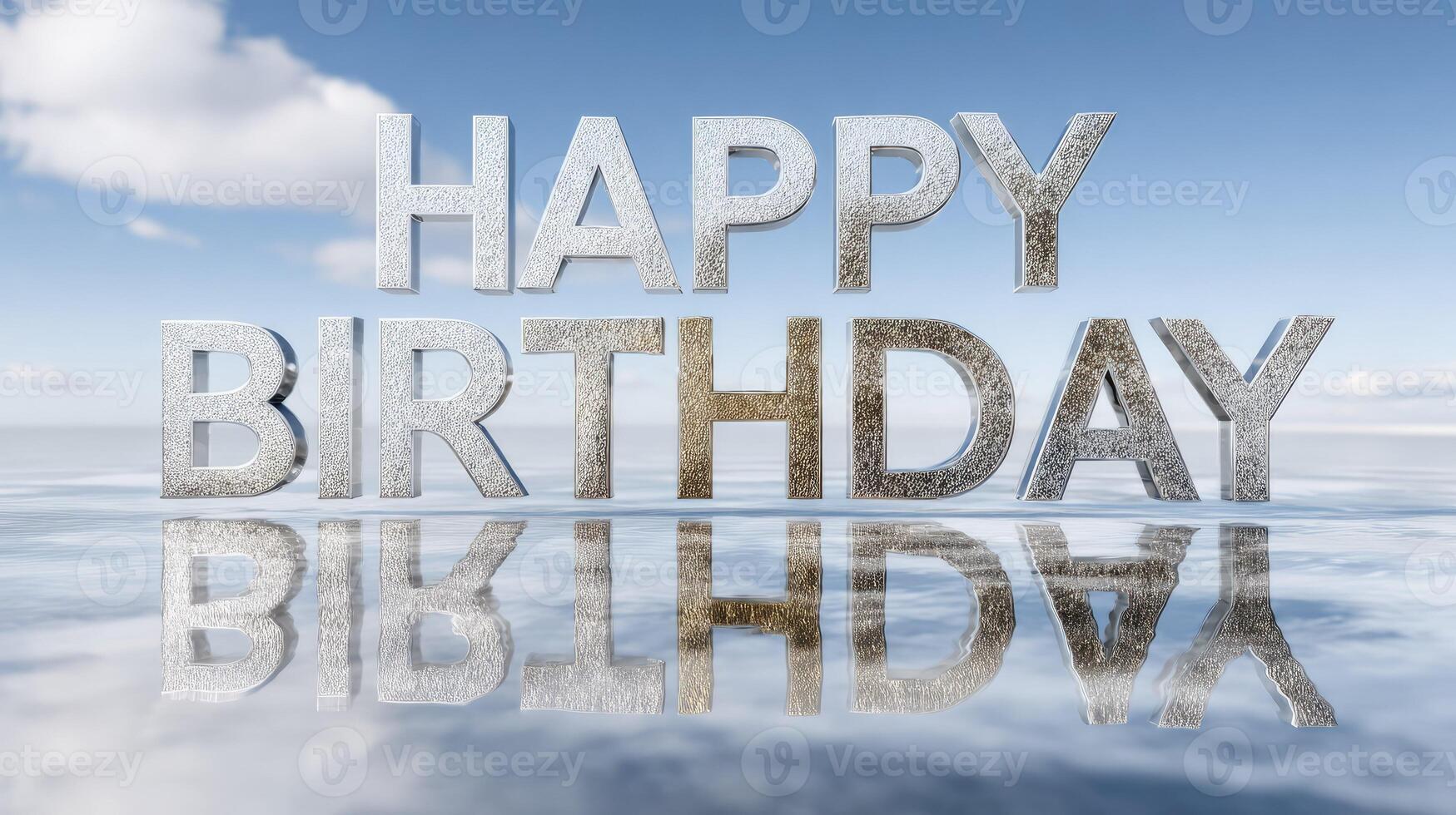Happy birthday word on the water surface with clouds and sky background photo