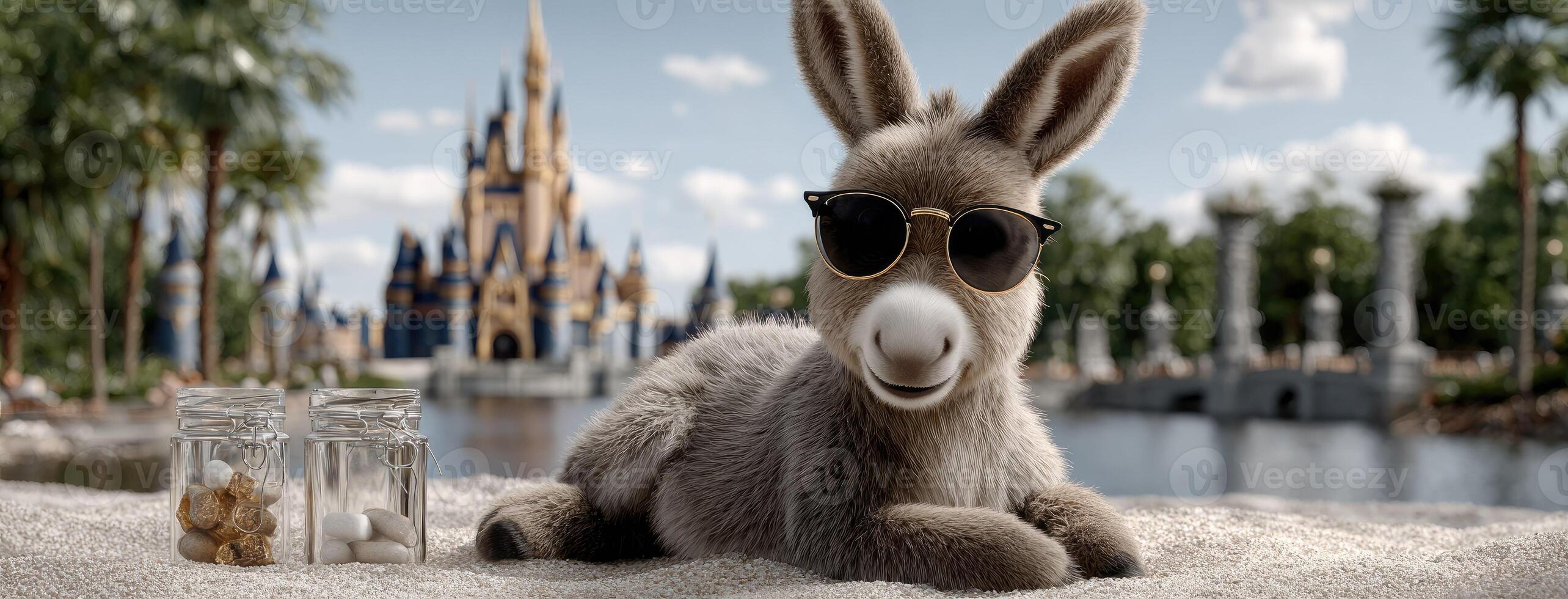 A donkey wearing sunglasses and sitting on the sand photo