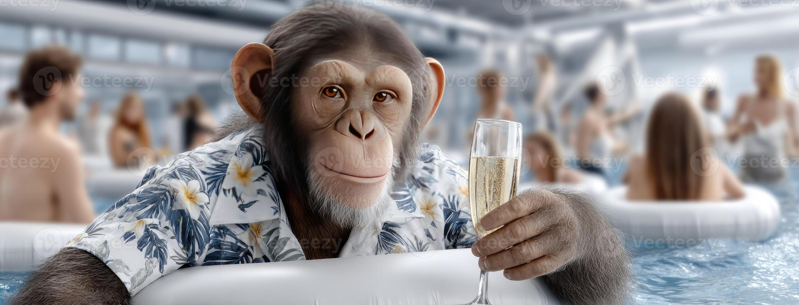 Monkey in swimming pool with champagne photo