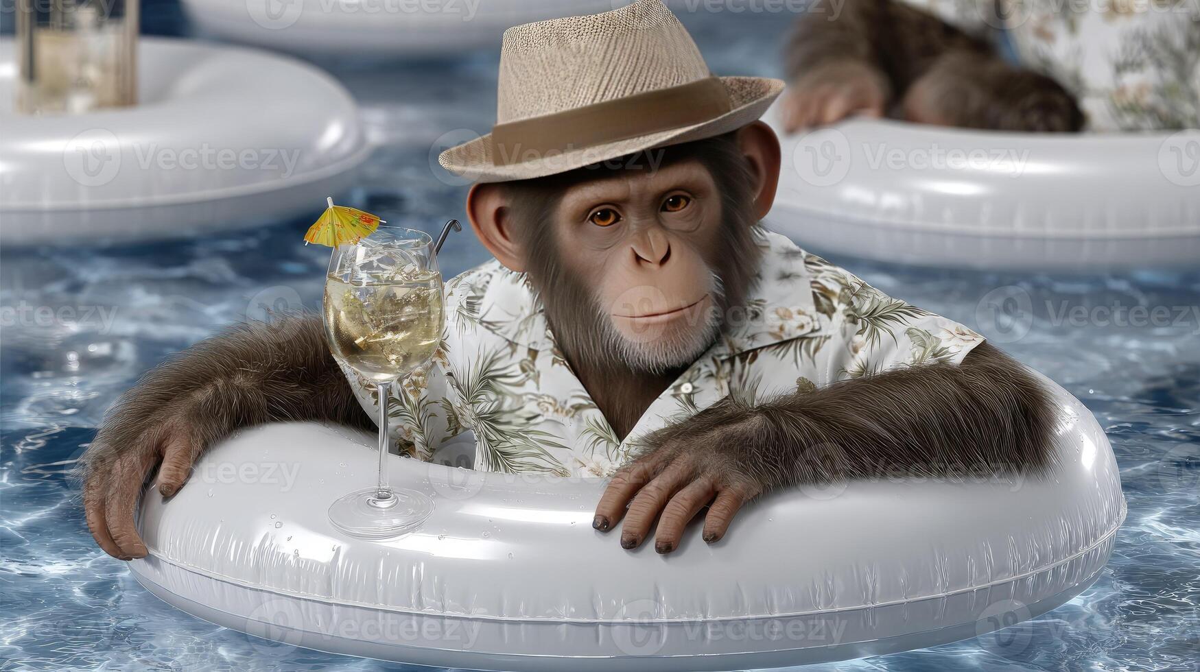 Monkey in a pool with a drink photo