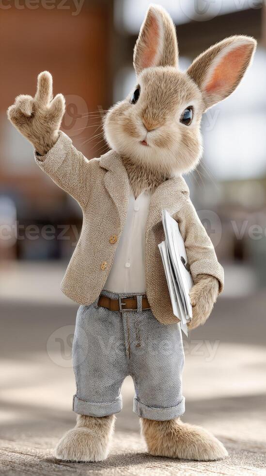 A rabbit wearing a suit and tie is holding a book photo