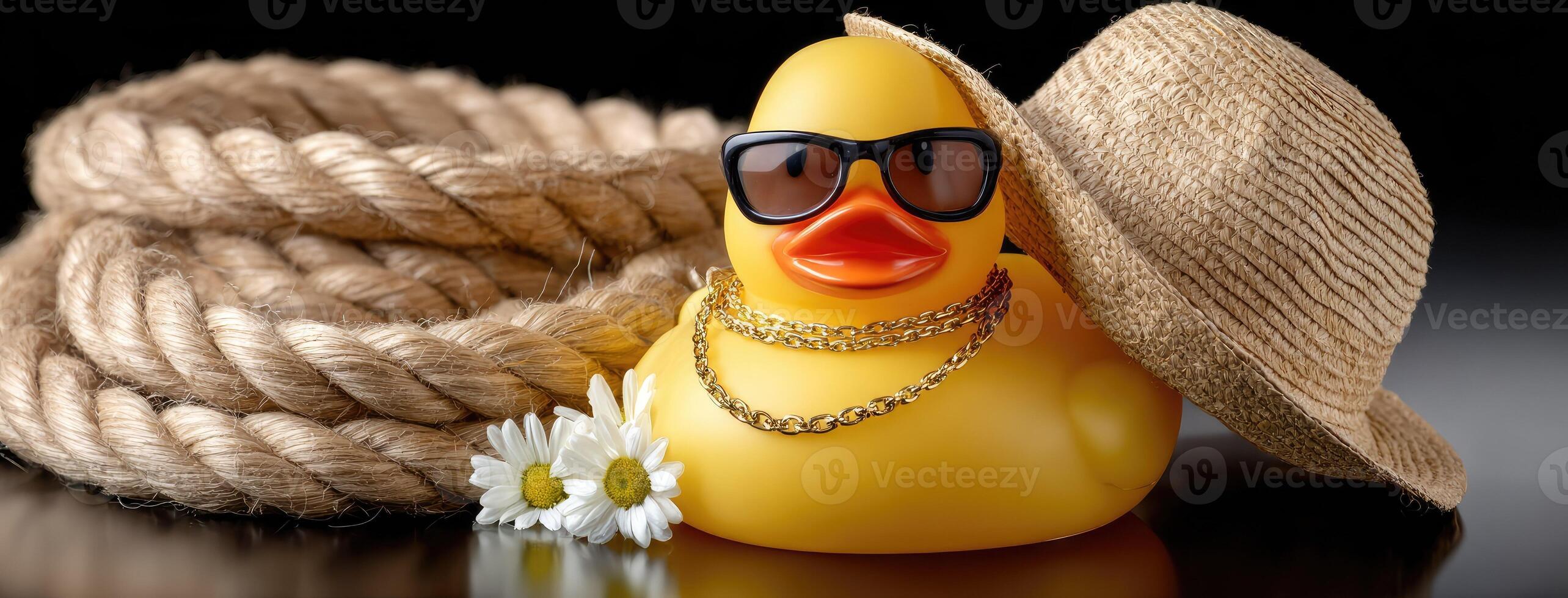 A rubber duck wearing sunglasses and a straw hat photo