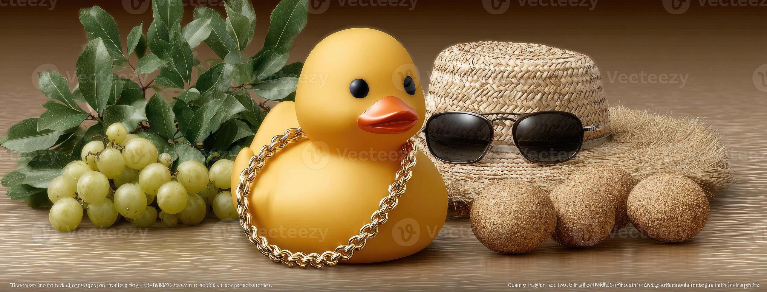A yellow rubber duck with sunglasses and a chain around its neck photo
