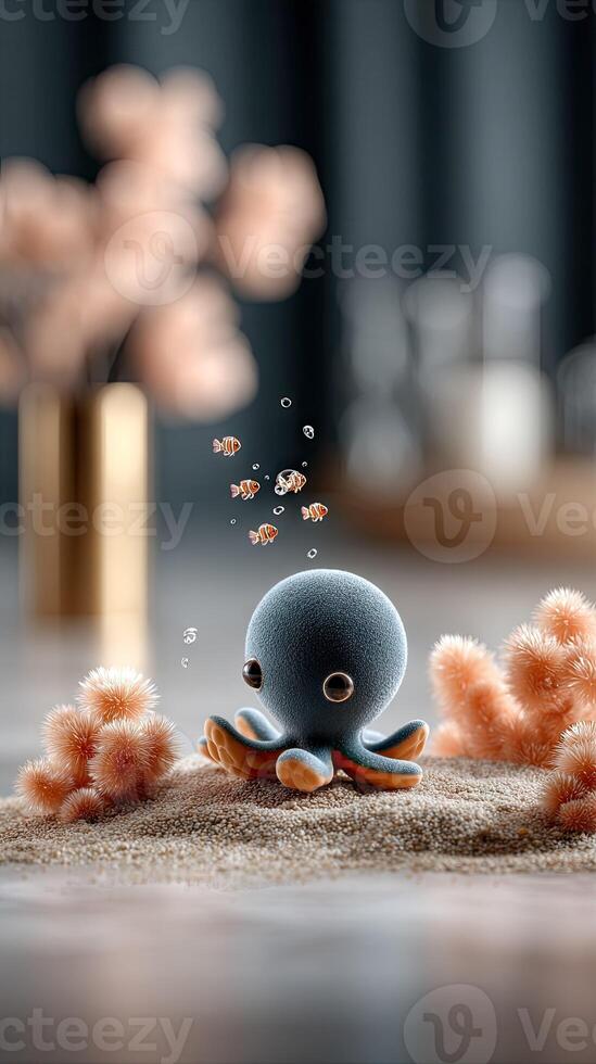 An octopus is sitting on the sand with a fish photo